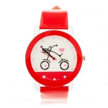 Rot-weiße Armbanduhr, großes Zifferblatt mit Fahrradabbgildung