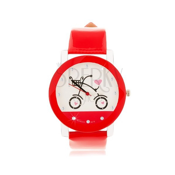 Rot-weiße Armbanduhr, großes Zifferblatt mit Fahrradabbgildung