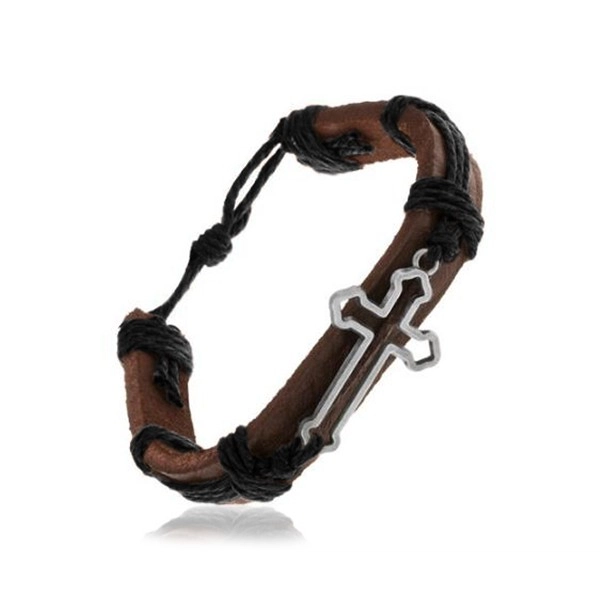 Armband aus dunkelbraunem Kunstleder und Bändchen, Kleekreuz, schwarze Schnüre