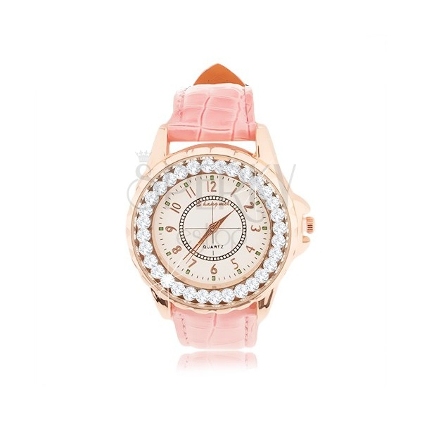 Armbanduhr aus Stahl - großes Zifferblatt mit Zirkoniarand, rosa Armband