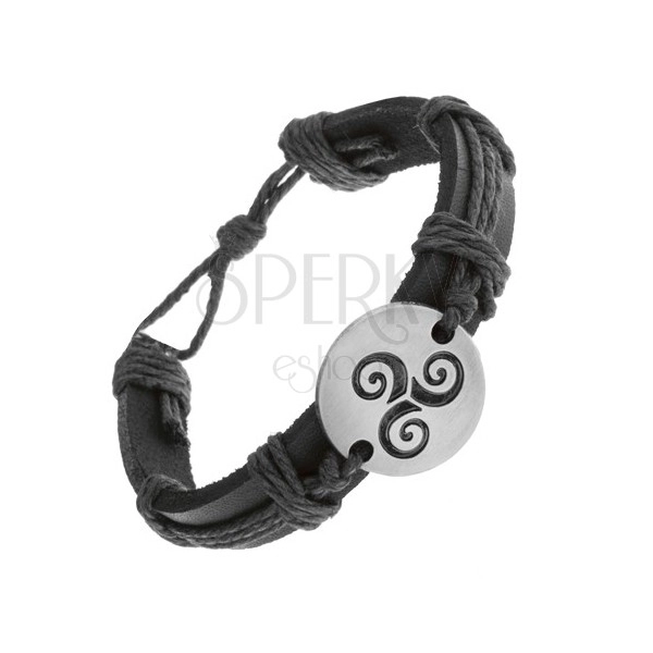 Armband aus schwarzem Kunstleder und Bändchen, Scheibe mit Tribal-Spirale