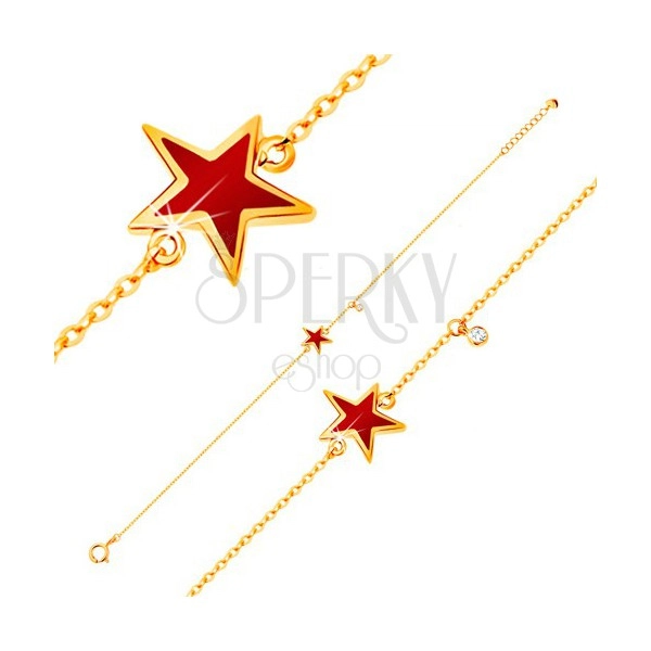 Armkette aus 585 Gelbgold mit Anhängern - roter Stern, klarer Zirkon