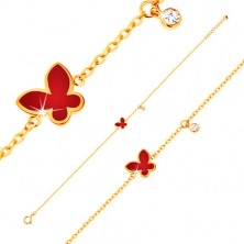 Armkette aus 14K Gelbgold - rot glasierter Schmetterling und klarer Zirkon