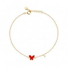 Armkette aus 14K Gelbgold - rot glasierter Schmetterling und klarer Zirkon