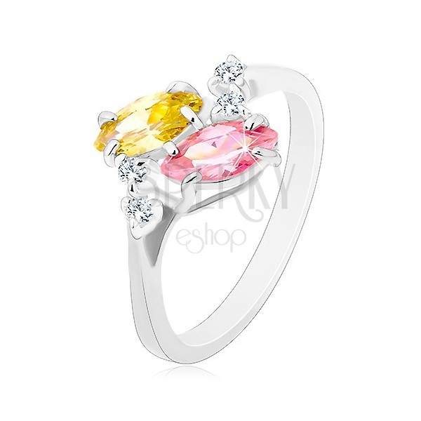 Ring in silberner Farbe, zwei glänzende rosa und gelbe Zirkoniakörner