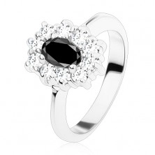 Ring in silberner Farbe, schwarzer ovaler Zirkon mit klarer Zirkoniaumrandung