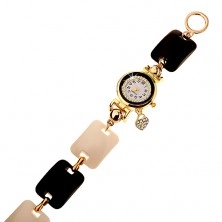 Schwarz-weiße Armbanduhr, gewölbte Rechtecke, Zifferblatt mit klaren Zirkonen