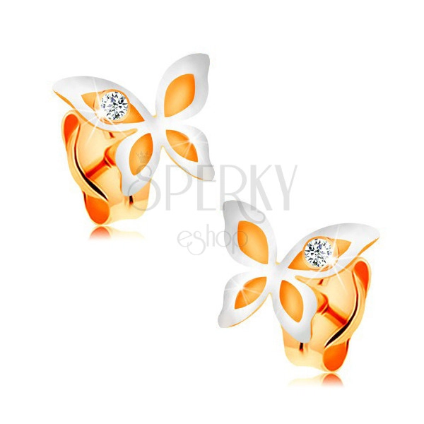 Ohrstecker in 14K Gold - zweifarbiger Schmetterling mit rundem klarem Zirkon