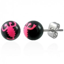 Ohrringe - schwarze Kugeln mit pink Skorpion