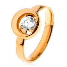 Ring aus 316L Stahl in goldener Farbe, runder klarer Zirkonia im Kreis