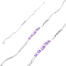 925 Silberarmband, einstellbar, glänzende gewellte Glieder, violette runde Zirkonia