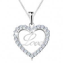 925 Silber Halskette, schmale Kette, glitzernde Herzkontur, Aufschrift Love