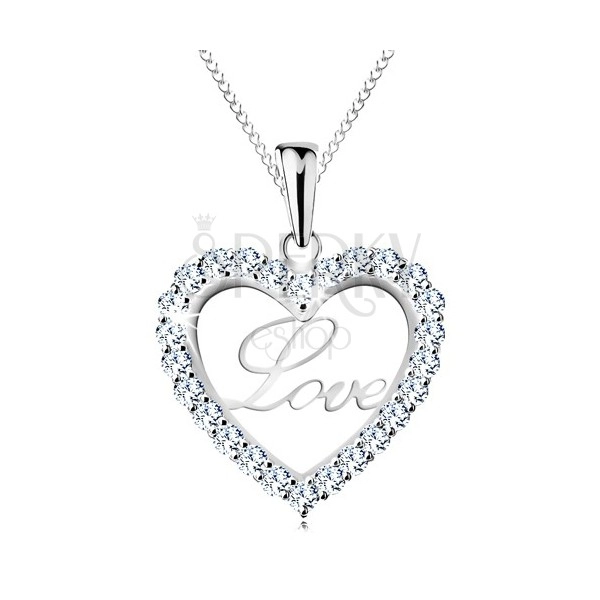 925 Silber Halskette, schmale Kette, glitzernde Herzkontur, Aufschrift Love