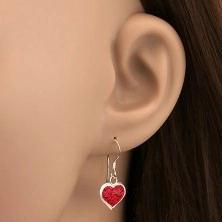 925 Silberset - Ohrringe und Anhänger, gliterndes Herz mit roten Zirkonia besetzt