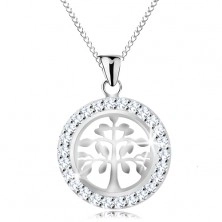 Halskette aus 925 Silber, Anhänger - glänzender Lebensbaum in glitzerndem Kreis
