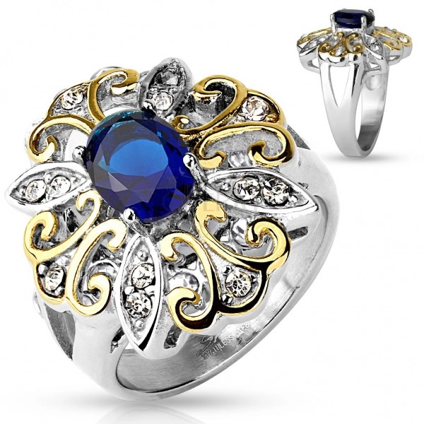 Markanerter Ring aus 316L Stahl, große zweifarbige Blume, dunkelblaues Zirkoniaoval