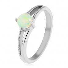 Glänzender Ring aus 316L Stahl, silberfarben, runder synthetischer Opal, Rillen