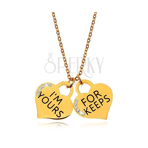 Goldfarbenes Edelstahlcollier, zwei Herzanhänger mit Aufschrift und Zirkonia