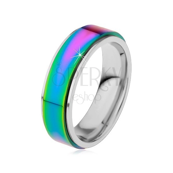 Ring aus 316L Stahl, gehobener Mittelstreifen in Regenbogenfarben