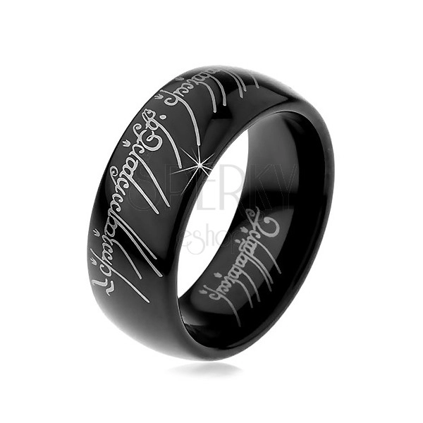 Tungstenring - glatte schwarze Oberfläche, Schrift aus Herr der Ringe, 8 mm