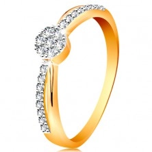 Ring aus 14K Gold - gekreuzt zweifarbige Ringschiene, runde Zirkoniablume