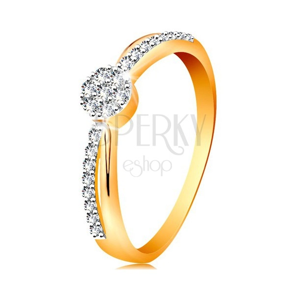 Ring aus 14K Gold - gekreuzt zweifarbige Ringschiene, runde Zirkoniablume