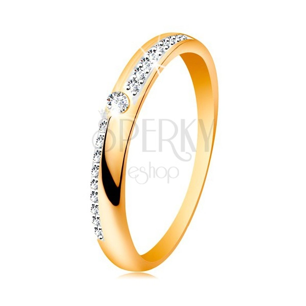 Ring aus 585 Gold - glänzende Ringschiene, schmale Linien aus Zirkoniasteinen