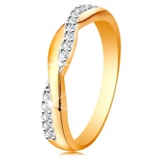 Glanzvoller Ring aus 14K Gold - verlschlingene Ringschiene, klare Zirkonialinie