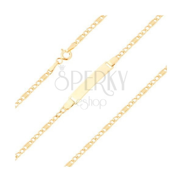 Armband aus gelbem 14K Gold - Plättchen, drei Augen und Glied mit Gitter, 180 mm