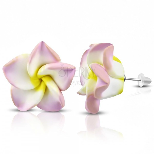 FIMO Ohrringe, rosa-weiße Blume mit gelber Mitte