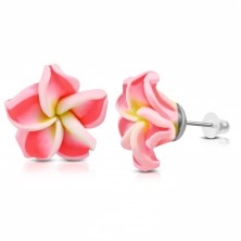 FIMO Ohrringe, leuchtend pinkfarbene Blume mit gelber Mitte