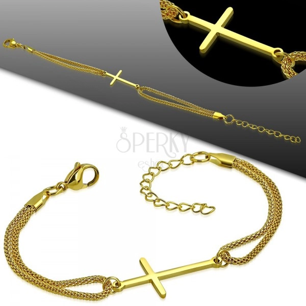 Edelstahlarmband in goldener Farbe, glänzendes lateinisches Kreuz, Doppelkette
