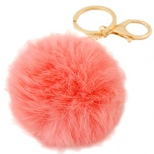 Schlüsselanhänger - rosa struppiger Ball, goldfarbener Karabiner