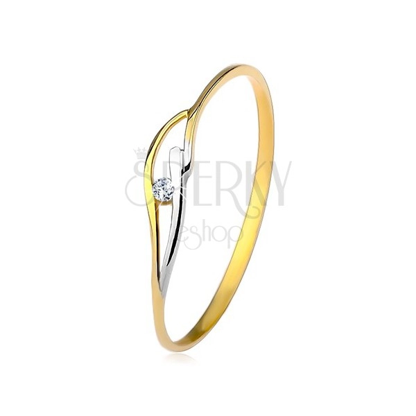 Ring aus 9K Gelb- und Weißgold, schmale Ringschiene, Wellen und klarer Zirkonia