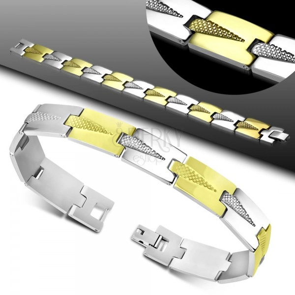 Armband aus 316L Stahl, zweifarbige Glieder mit gravierten Dreiecken