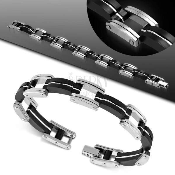 Armband aus 316L Stahl und schwarzem Gummi, Glieder mit silberfarbenen Linien