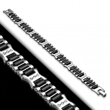 Edelstahl-Gummi-Armband, silberfarbene Glieder, schwarze Streifen