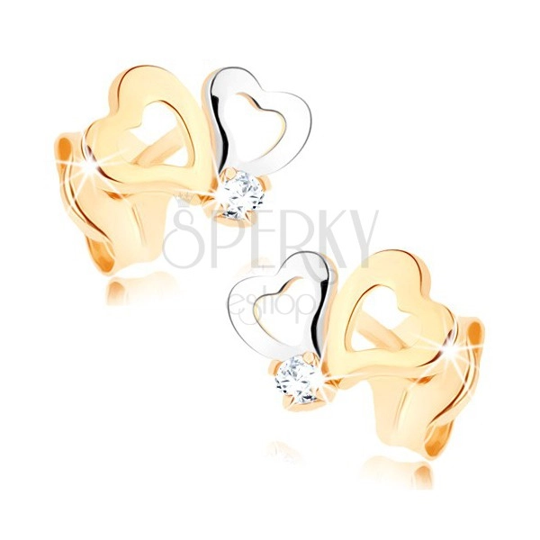 Diamantohrstecker aus 585 Gold - zweifarbige Herzkonturen, klarer Brillant