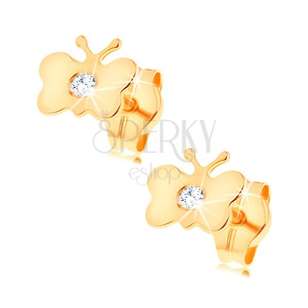 Ohrstecker aus 14K Gelbgold - glanzvoller flacher Schmetterling, klarer runder Diamant