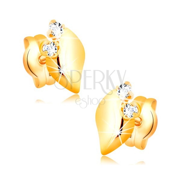 Diamantohrstecker aus 14K Gelbgold - zwei klare Brillanten, glänzendes Blättchen