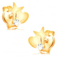 Goldene 585 Diamantohrstecker - Stern und Herz, runder klarer Brillant