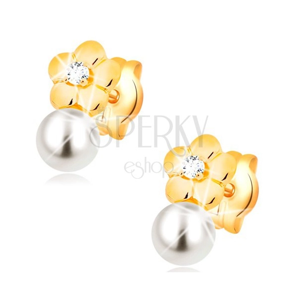Ohrstecker aus 14K Gelbgold, glänzende Blume mit klarem Diamanten und weißer Perle