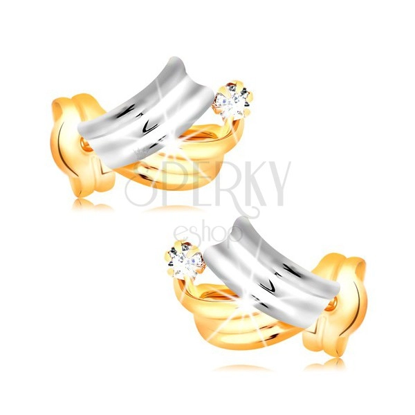 Goldene 14K Brillantohrstecker - glänzende zweifarbige Bogen, klarer Diamant