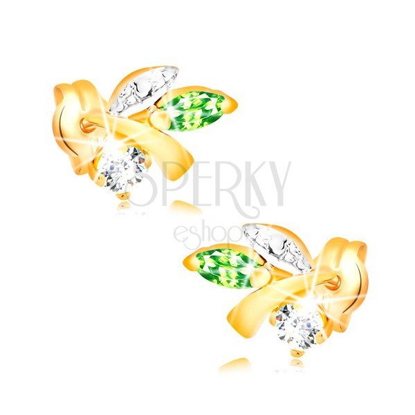 585 Goldohrstecker - Ast mit Blättern, grüner Smaragd, klarer Diamant