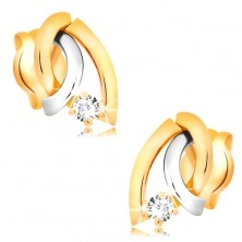 Zweifarbige Diamantohrstecker in 14K Gold - drei gebogene Linien, glitzernder Brillant