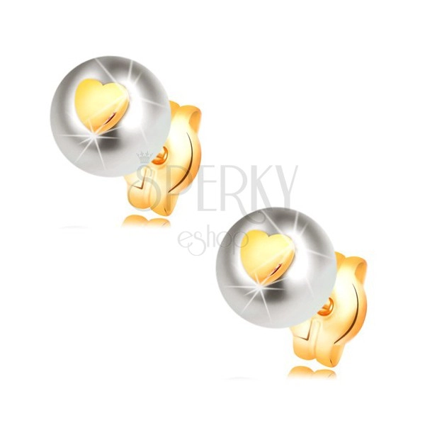 585 Gelbgoldohrstecker - weiße Perle mit symmetrischem Herzchen