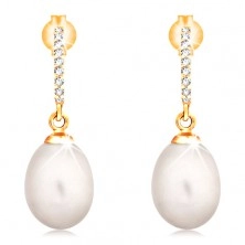 14K Goldohrstecker - hängende ovale weiße Perle, Zirkoniabogen