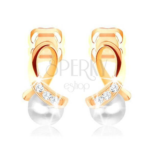 Ohrstecker aus 14K Gelbgold - Scheife mit Diamanten, runde weiße Perle