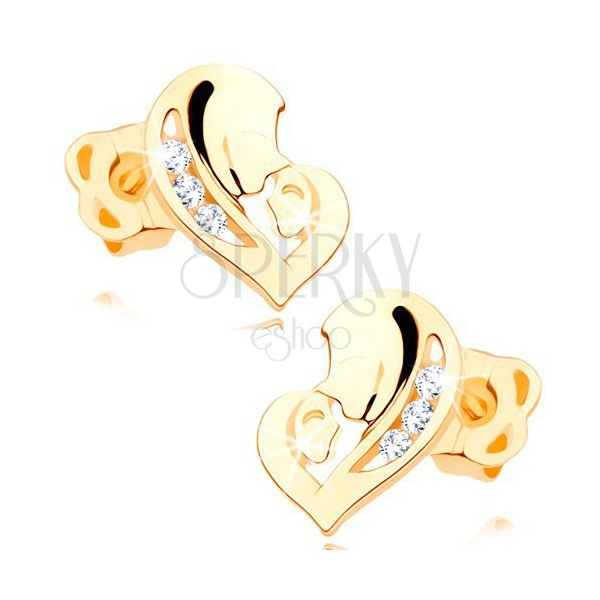 Diamantohrstecker aus 14K Gelbgold - Herz aus Gesichtern, klare Brillanten