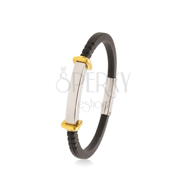Armband aus schwarzem Gummi, glattes Stahlplättchen, Quadrate und Kreise